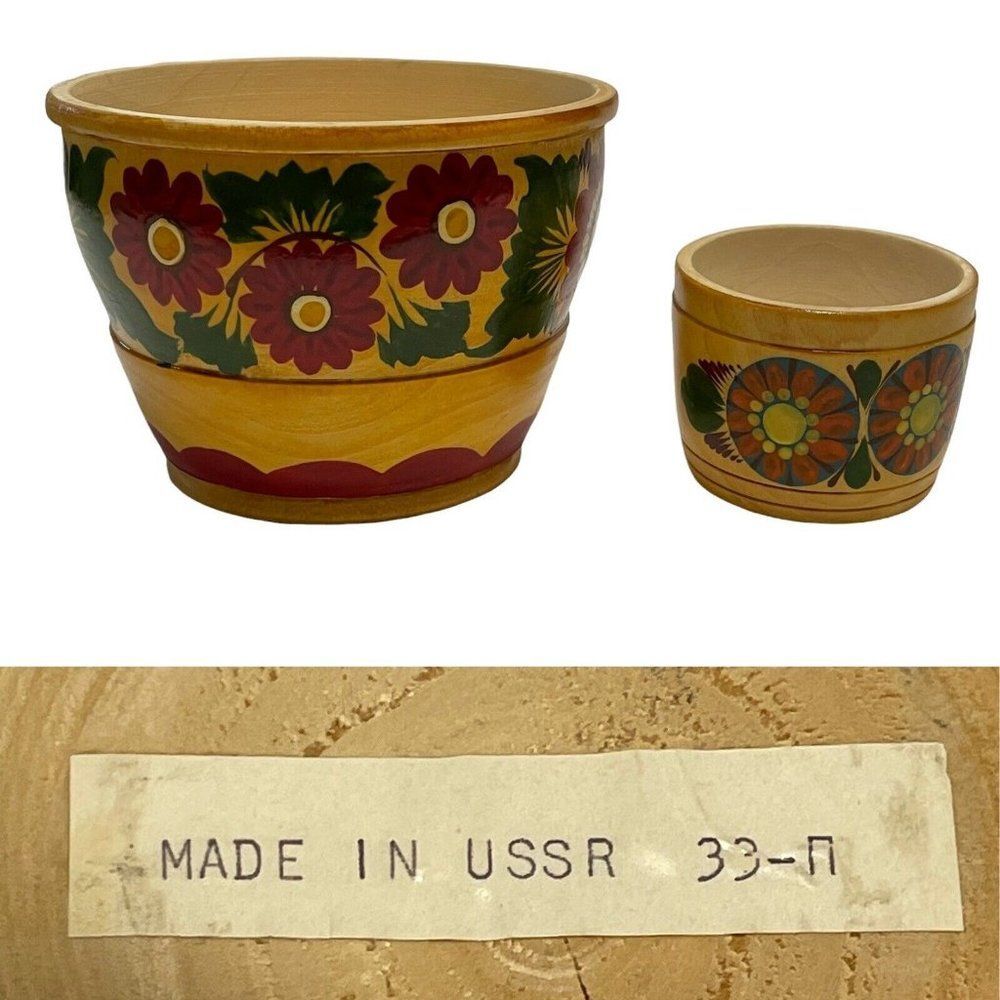 Vintage Hand Painted Wooden Floral Bowls Russian Khokhloma Folk Art Made in USSR